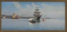 Dipinto a olio su tela di cm.54x118.7 denominato Marina con veliero realizzato da Guido Grimani