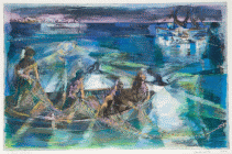 Dipinto a tecnica mista su incisione di cm.50x40 denominato Pesca notturna realizzato da Nello Pacchietto nel 1965