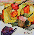 Dipinto in tecnica mista di cm.15x15 denominato Frutta con susina realizzato da Olivia Siauss nel 1998 