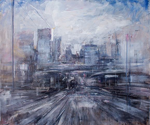 Dipinto denominato La mia Citt� realizzato nel 2016 da Riccardo Luchini a olio su tela di cm 100x120 nella mostra La Citt� Tentacolare alla Galleria Sartori di Mantova