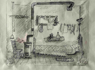 Disegno di cm 35x45 denominato Interno con stufa realizzato da Aldo Bressanutti