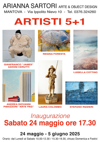 Locandina della mostra Artisti 5+1 con opere di Gianfranco James Azzoni Cerutti, Luisella Cottino, Regina Foresta, Andrea Giovanni Pimazzoni Arte PAG, Stefano Rizzieri e Laura Colombo