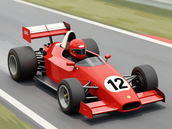 Composizione ideata da Ninni Radicini e realizzata con il supporto di un programma di Intelligenza Artificiale, pilota in una monoposta rossa di Formula in un circuito di gara