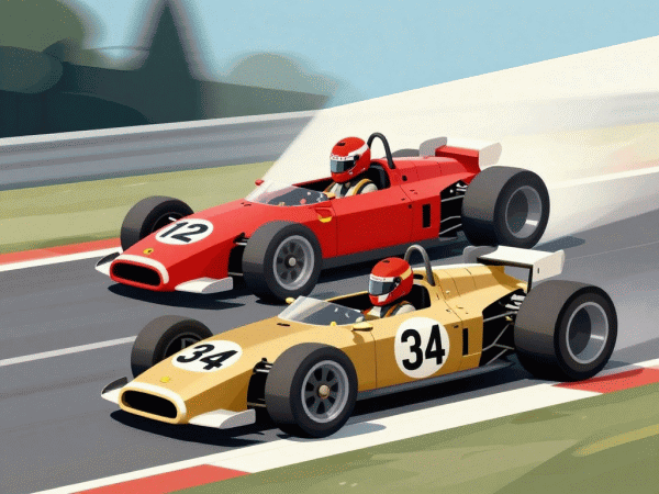 Composizione ideata da Ninni Radicini e realizzata con un programma di Intelligenza Artificiale, un pilota su una monoposto rossa di F1 prova a sorpassare un vettura di colore oro