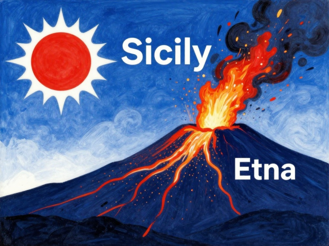 Composizione Sicilia Etna ideata con il supporto di un programma di sviluppo tramite Intelligenza Artificiale