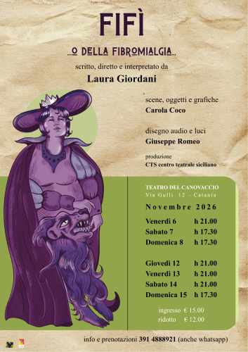 Locandina della rappresentazione teatrale FIFI'o della fibromialgia in scena al Teatro del Canovaccio di Catania