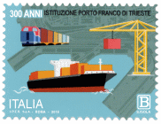 Francobollo dedicato al Porto Franco di Trieste in occasione del 300esimo anniversario con rappresentata una nave cargo, il disegno della veduta dall'alto del porto e una gru