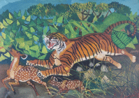 Dipinto a olio su tela di cm 50x70 denominato Tigre con cerbiatti realizzato nel 1960 relativo al terzo periodo del pittore Antonio Ligabue