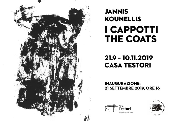 Locandina della mostra I Cappotti The Coats con opere di Jannis Kounellis