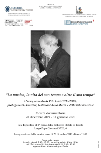 Locandina della mostra L'insegnamento di Vito Levi (1899-2002), protagonista, scrittore, testimone della storia e della vita musicale