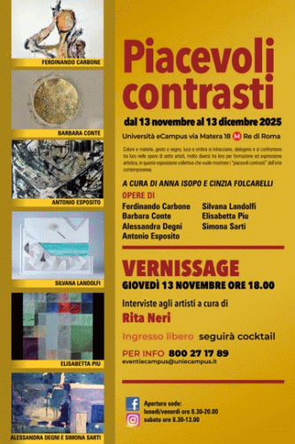 Locandina della mostra Piacevoli Contrasti con opere di Ferdinando Carbone, Barbara Conte, Antonio Esposito, Silvana Landolfi, Elisabetta Piu, DESART acronimo di Alessandra Degni e Simona Sarti.