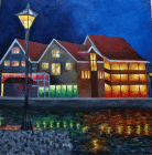 Dipinto in acrilico su tela di cm 40x40 denominato Case nordiche realizzato da Riccardo Bossi nel 2018