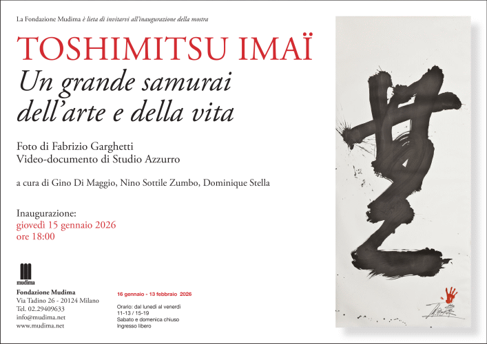 Locandina della mostra Un grande samurai dell'arte e della vita con opere di Toshimitsu Ima�