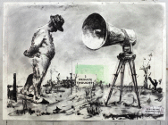 Opera in inchiostro indiano, matita colorata, carboncino, pastello e collage su carta denominata Drawing for Self-Portrait realizzata da William Kentridge nel 2021